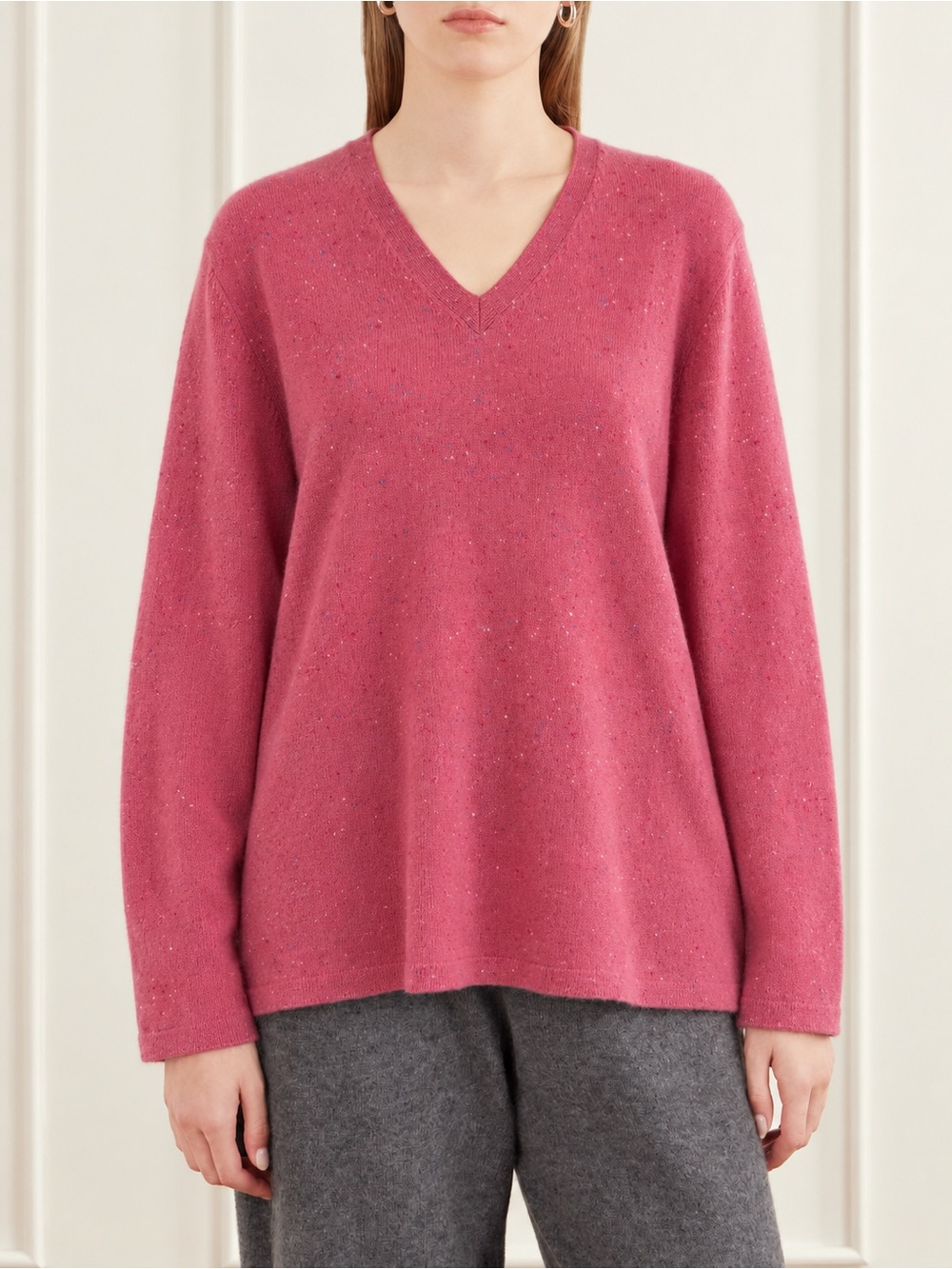 Lafayette 148 100% Cashmere Flecked V Neck Sweater Pink Blue